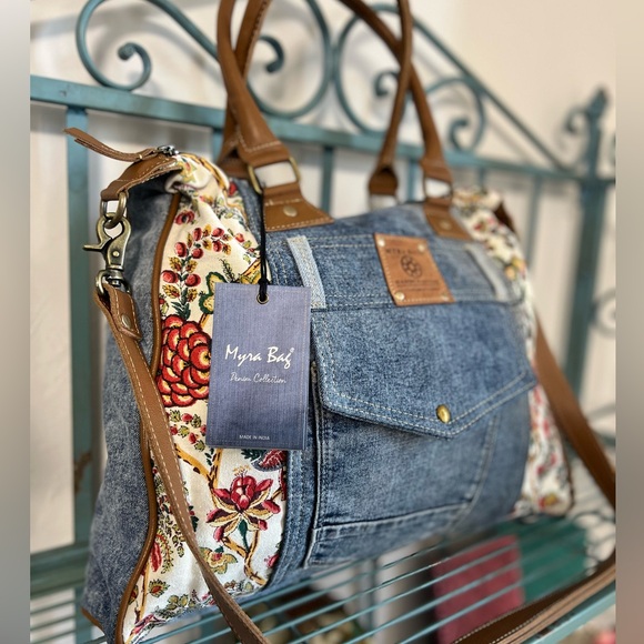 OBSESSED New Spring Floral Trend Denim Myra Bag Jean Tote satchel Frayed purse - Picture 6 of 14